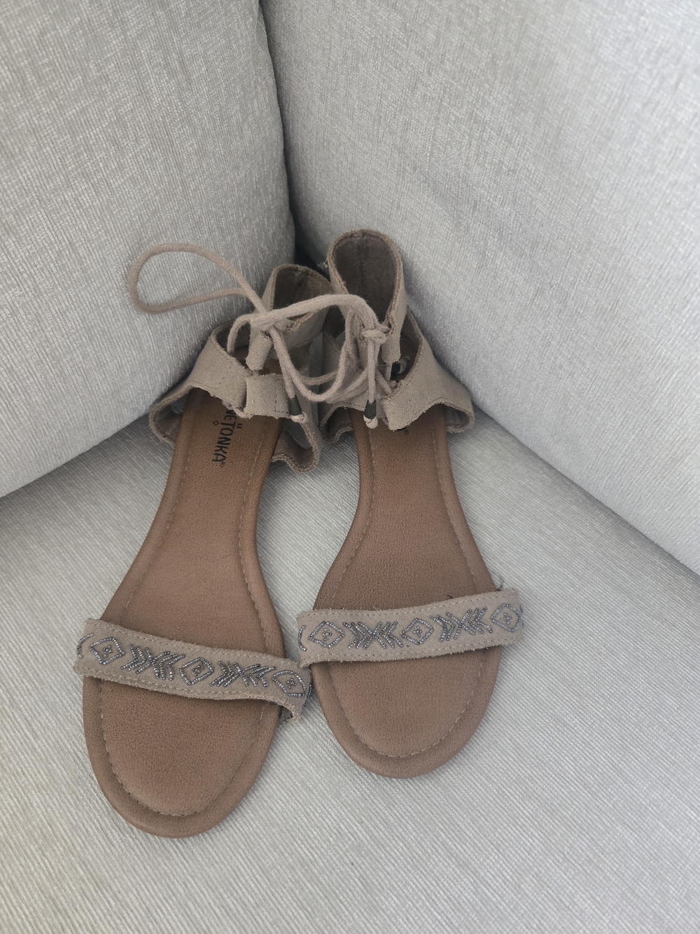OTTO Taupe Lace-Up Embroidered Strap Sandals